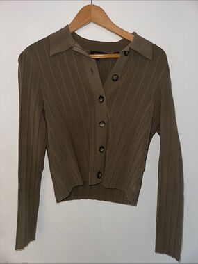 Ted Baker Olive Green Ribbed Button-Up Cardigan